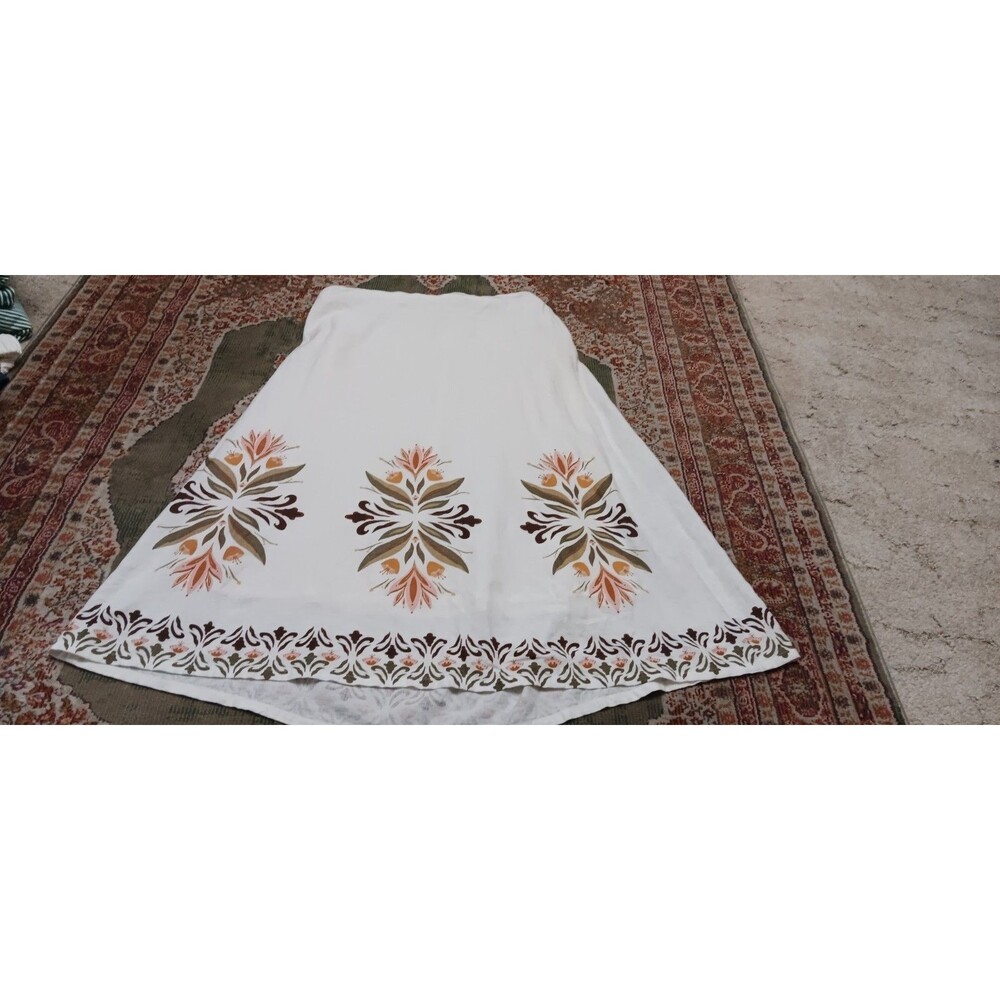 Rachel Zoe Long Full Linen Rayon Pull On White Skirt Size L Floral Pattern